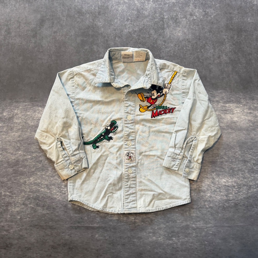 VTG Mickey & Co Disney Kids Denim Shirt Perils of Mickey Light Wash Button Up 4T